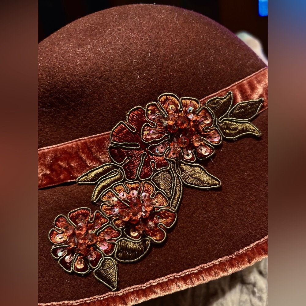 Toucan Collection Hat Brown Vintage-Style Cloche Hat Sequin Floral Velvet Trim 🤎